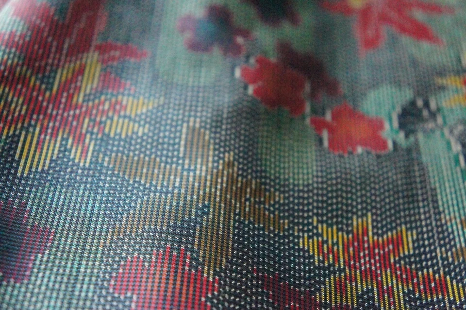 Vintage Japanese Tsumugi Silk Kimono Fabric, Green Blue Woven Maple 165cm(64") - Image 2 of 4