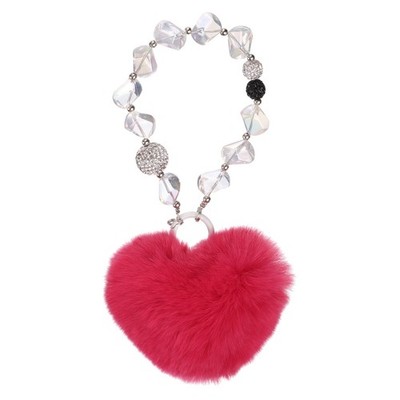 7.9'' Beaded Heart Plush Keychain, Rabbit Hair Fur Pom Bag Charm, Medium Pink