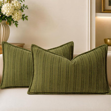 Olive Green Designer Textured Throw Pillow Covers 12X20 Set of 2 Vertical Stripe