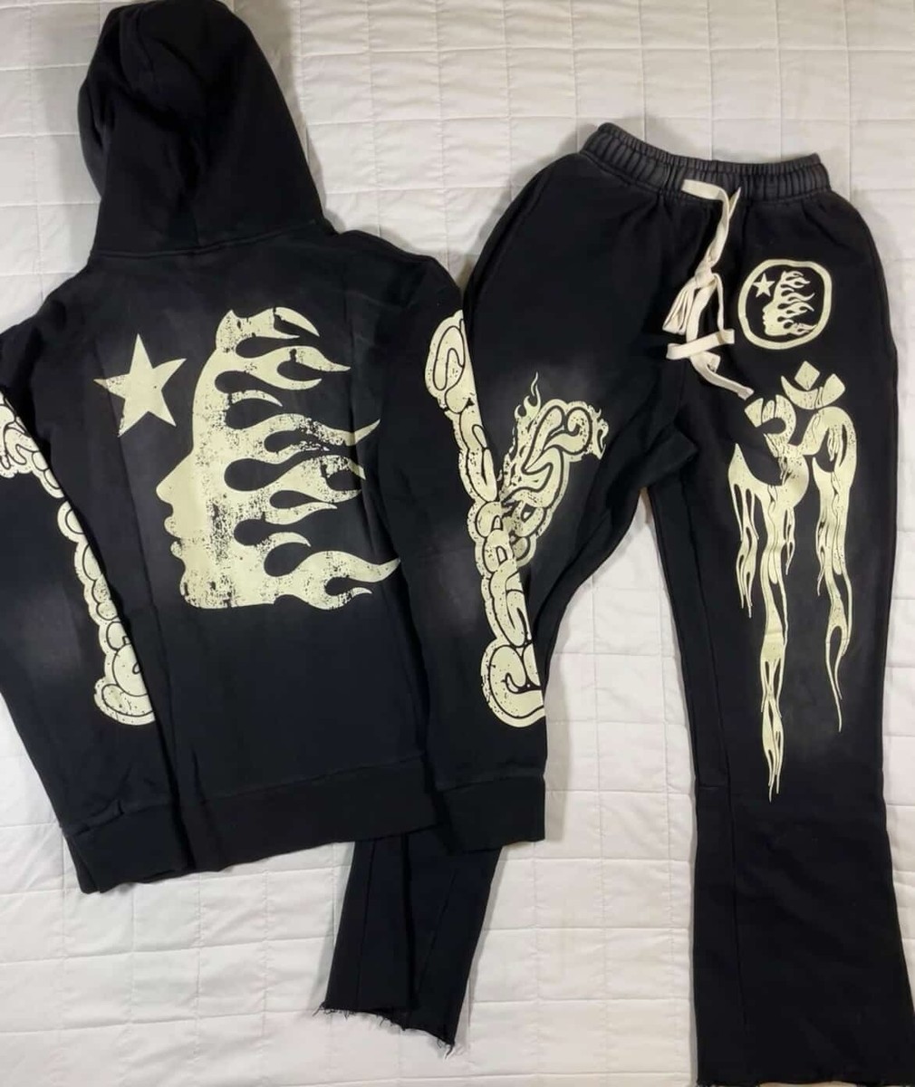 hellstar Men's Black White Graphic Hoodie Pants Tracksuit Set