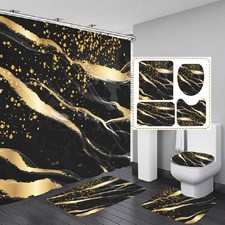 4Pcs Black Marble Shower Curtain Set, Gold Bathroom Sets Modern Abstract Show...