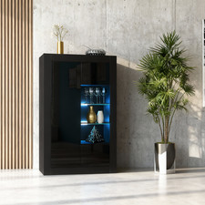 Display Cabinet Bookcase Storage Cabinet Unit LED Shelves Black Gloss 140cm