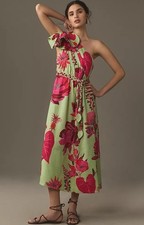 FARM RIO Fresh Garden One-Shoulder Linen Floral Midi Dress Size XS New $295