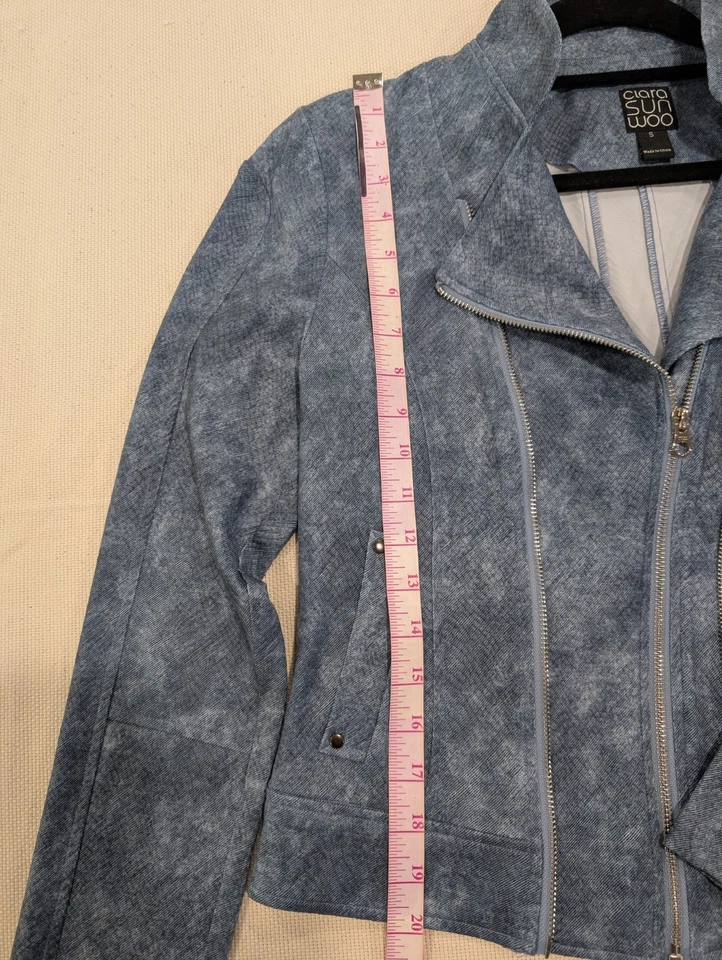 NWT Clara Sun Woo Liquid Leather Jacket Blue Denim Print Moto Zip S 6/8 Travel - Image 4 of 4