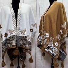 Alpaca Reversible Alpaca Knit Poncho Shawl Tassels Made in Peru OS