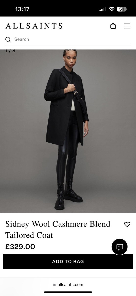 NEW AllSaints Sidney Wool Blend Coat in Black Size UK