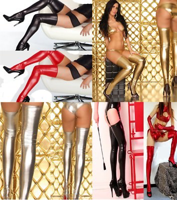 Sexy Strümpfe halterlose Strümpfe Kunstleder schwarz rot silber oder gold
