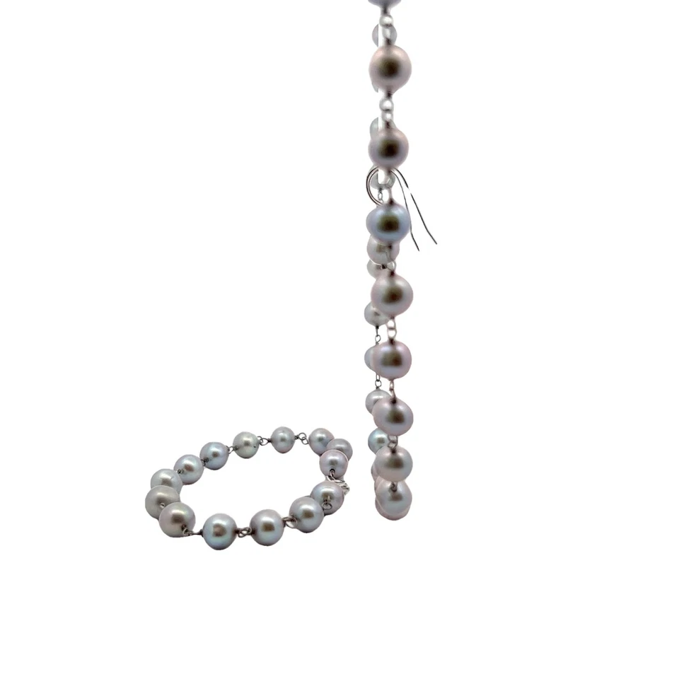De Ley Enlace 7.5-8mm Gris Original Cultivada Perla Pendiente Collar Pulsera Set - Imagen 2 de 4