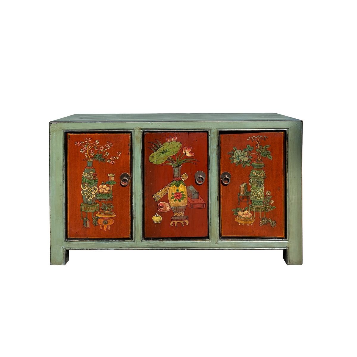 Chinese Vintage Gray Orange Flower Graphic Low TV Console Cabinet cs7427S Chinese Vintage Gray Orange Flower Graphic Low TV Console Cabinet cs7427S