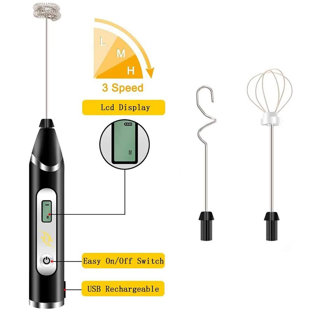 Milk Frother Handheld USB Rechargeable LCD Electric Milk Frother Adjustable 3...