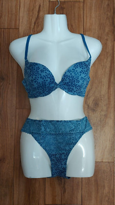 Adore Me Menades Contour Bra Panty Set Ink Blue Marl Bra 36 B Hipster L #BR-8063