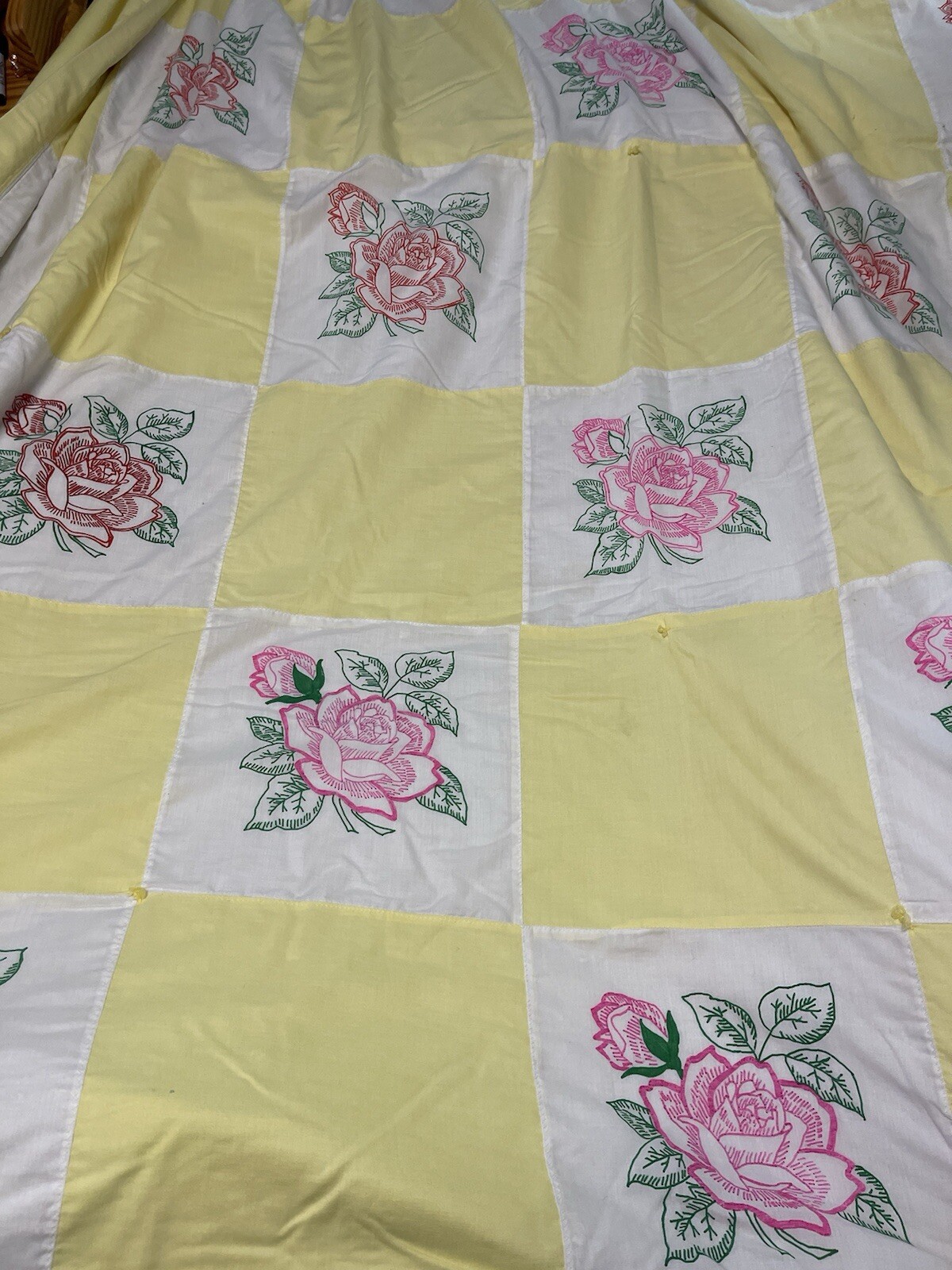 Lemon Butter Yellow & White Handmade Quilt Painted Roses 78” X 91” Imperfect