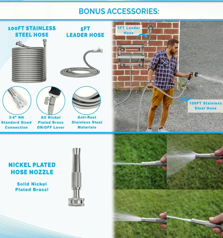 Morvat 150FT Stainless Steel Garden Hose Reel with Accessories & 100FT Hose - Image 3 of 4