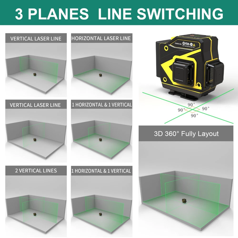 360 Laser Level Self Leveling 3D 12 Cross Lines Green Beam Lazer