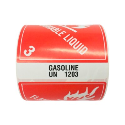 Gasoline Flammable Liquid 3 D.O.T. UN 1203 Industrial Labels 4''X4.75'' 250
