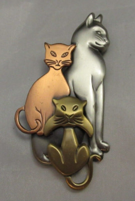 Vintage? Kitty Cat Kitten Trio Brooch Pin in Silver Copper & Gold Tones 2 3/4''