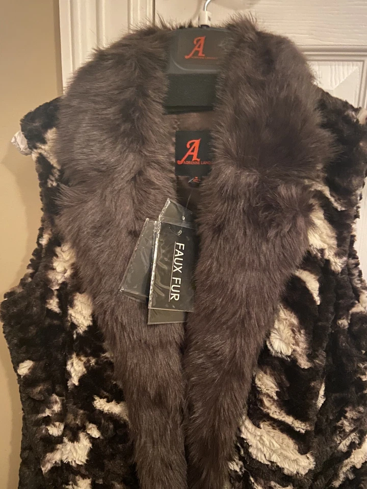 Nuevo Chaleco de Piel Sintética Adrienne Landau, Cebra Marrón con Cuello de Zorro Etiquetas Medianas Foto 4 de 4