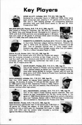 1971 Pittsburgh Pirates Key Players Profile Page  Roberto Clemente, Mazeroski