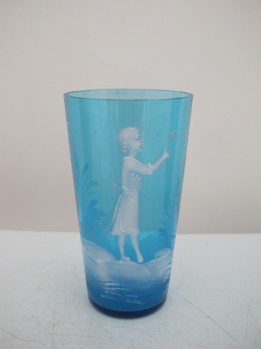 Antique MARY GREGORY Blue Glass GIRL & BOY with Dragonfly Butterfly Tumbler Set - Picture 5 of 7