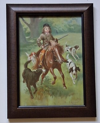 1890s Chromolithograph A YOUNG HUNTER, Pony, Pointer, English & Gordon Setters