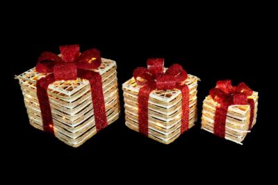 3 Stück LED Weihnachten Geschenkboxen Paket beleuchtet Rattan Xmas Festiv Wohndeko