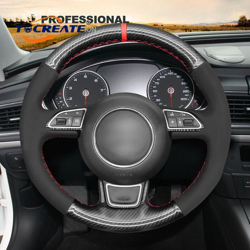 Cubierta de volante de gamuza de fibra de carbono PU hágalo usted mismo envoltura para Audi A1 A3 A5 A7 #Q014 Foto 2 de 4