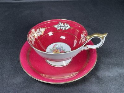 Vintage AYNSLEY (England) Bone China Cup And Saucer Floral And Red