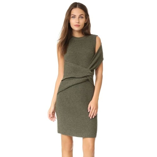 3.1 Phillip Lim NWOT Wool Yak Rib Knit Twist Front Tank Sweater Dress Olive Sz M