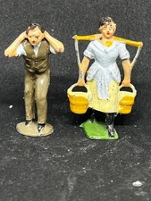 Vintage Lead Toy Johillco Figure Lady Walking with Milk Pails & Man & Flour Sack