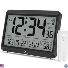 WallarGe 8.5'' Atomic Digital Clock - Battery Operated, Self-Setting, Temp & 4
