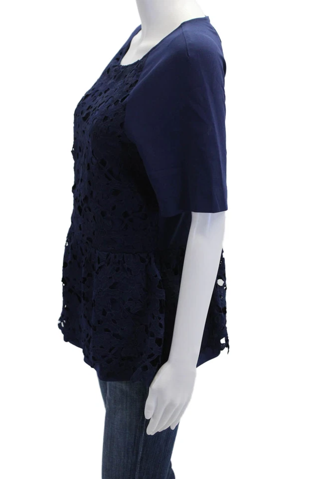 Dolce Vita Womens Crew Neck Floral Eyelet Zip Back Blouse Top Navy Blue Size M - Image 2 of 4