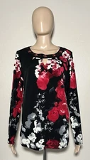 Susan Graver Artisan Embellished Bead Black Red Floral Long Sleeve Medium NEW