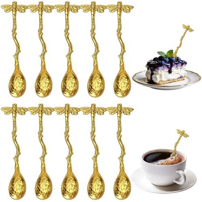 10 Pcs Gold Retro Dragonfly Spoon 4.33 Inch Coffee Stirring Tea Dessert Stir ...