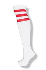 Unisex White Knee High Team Tube Socks with One Size White With Red Stripes