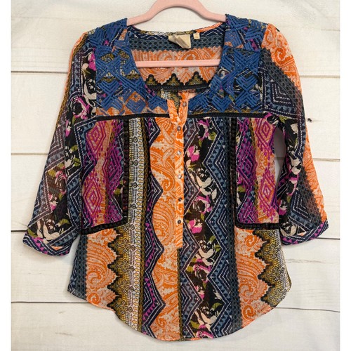 Vanessa Virginia Anthropologie Mixed Print Boho Blouse Orange Blue Womens US 2