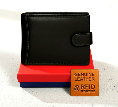 Schwarze Herren-Geldbörse aus echtem Leder mit RFID-Schutz Kartenetui in Geschenkbox UK
