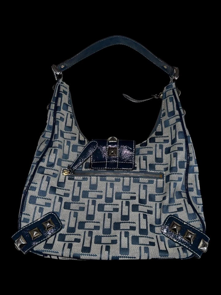 Bolsa de ombro vintage Guess logotipo monograma azul branco denim cravejada Y2K - Imagem 2 de 4