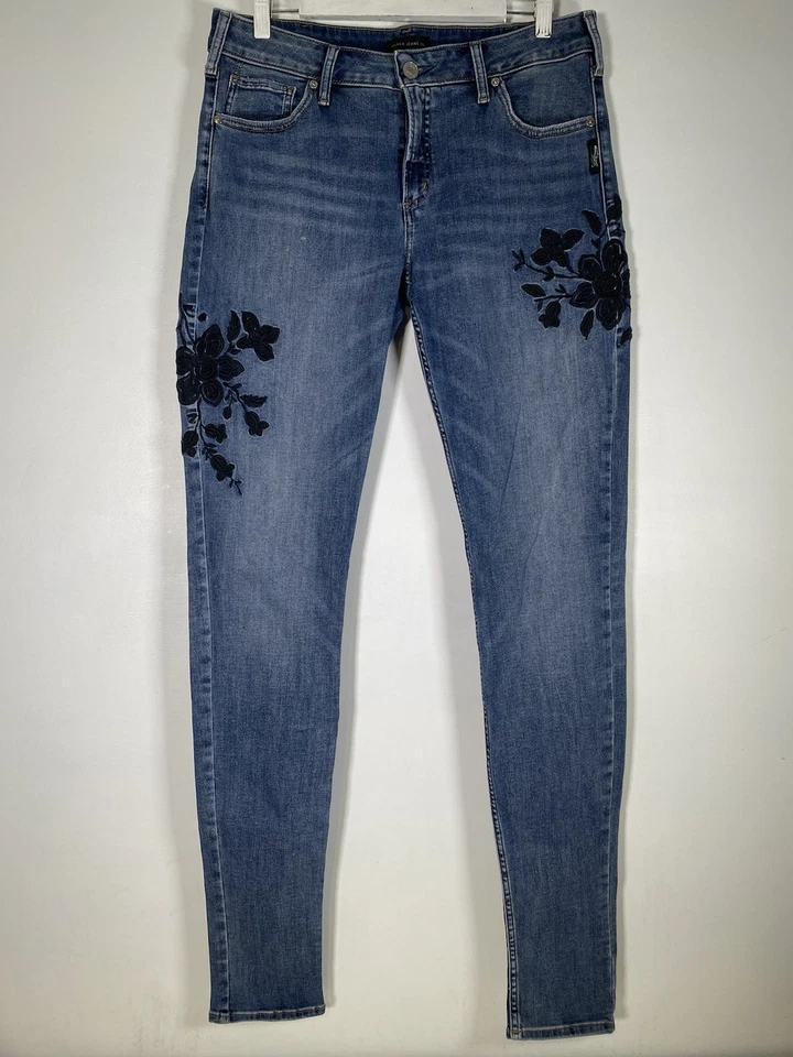 Silver Jeanswomens Slim Straight Embroidered Slim Jeans Size 33 Very Good JiP10 - image 2 of 4