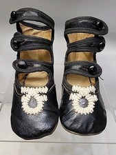 Antique Victorian/Edwardian Black Leather 3 Strap Button Girls Shoes W/ Ribbon