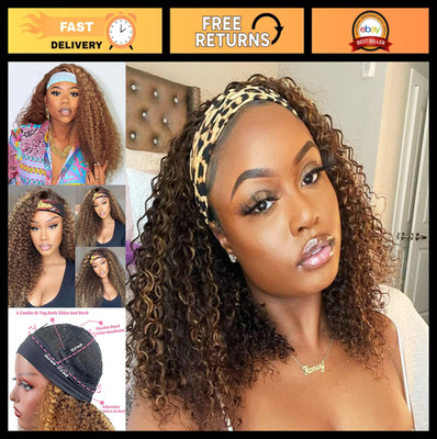 Kinky Curly Ombre Highlight Headband Wig 12'' Human Hair 150% Density for Women
