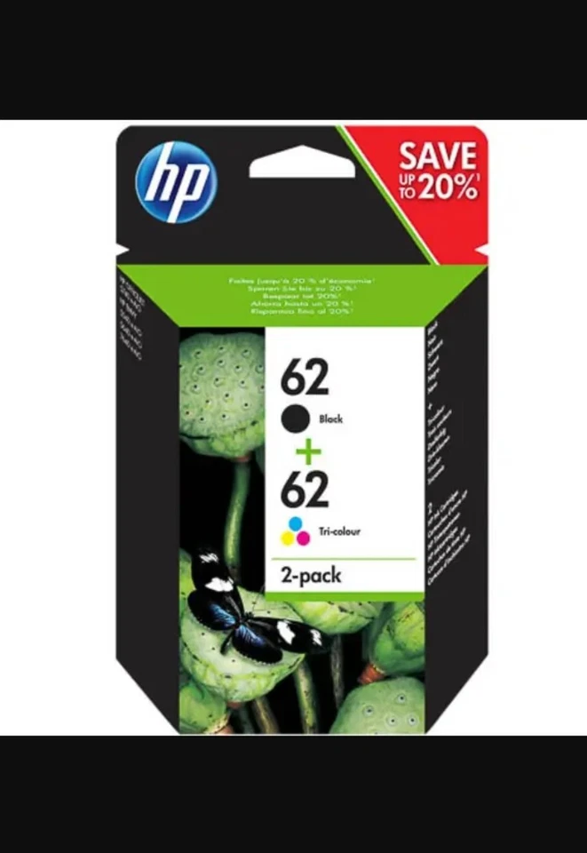 HP 62 Pack de 2 Cartouches d'Encre - Noir, Cyan, Magenta, Jaune Date 2027 - Photo 1/1
