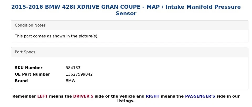 BMW 428I XDRIVE GRAN CUPÉ 2015-2016 - MAPA/Sensor de presión colector de admisión Foto 4 de 4