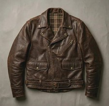 Distressed Brown Leather Biker Jacket Genuine Cowhide Double Rider Motorcycle