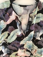 SISLEY bluse L schwarz kranich vogel blatt print satin boho blogger business