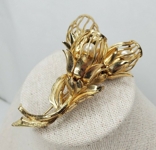 Broche ancienne chardon épingle ton or fausse perle déclaration sculpturale 3D non signée - Photo 2/12