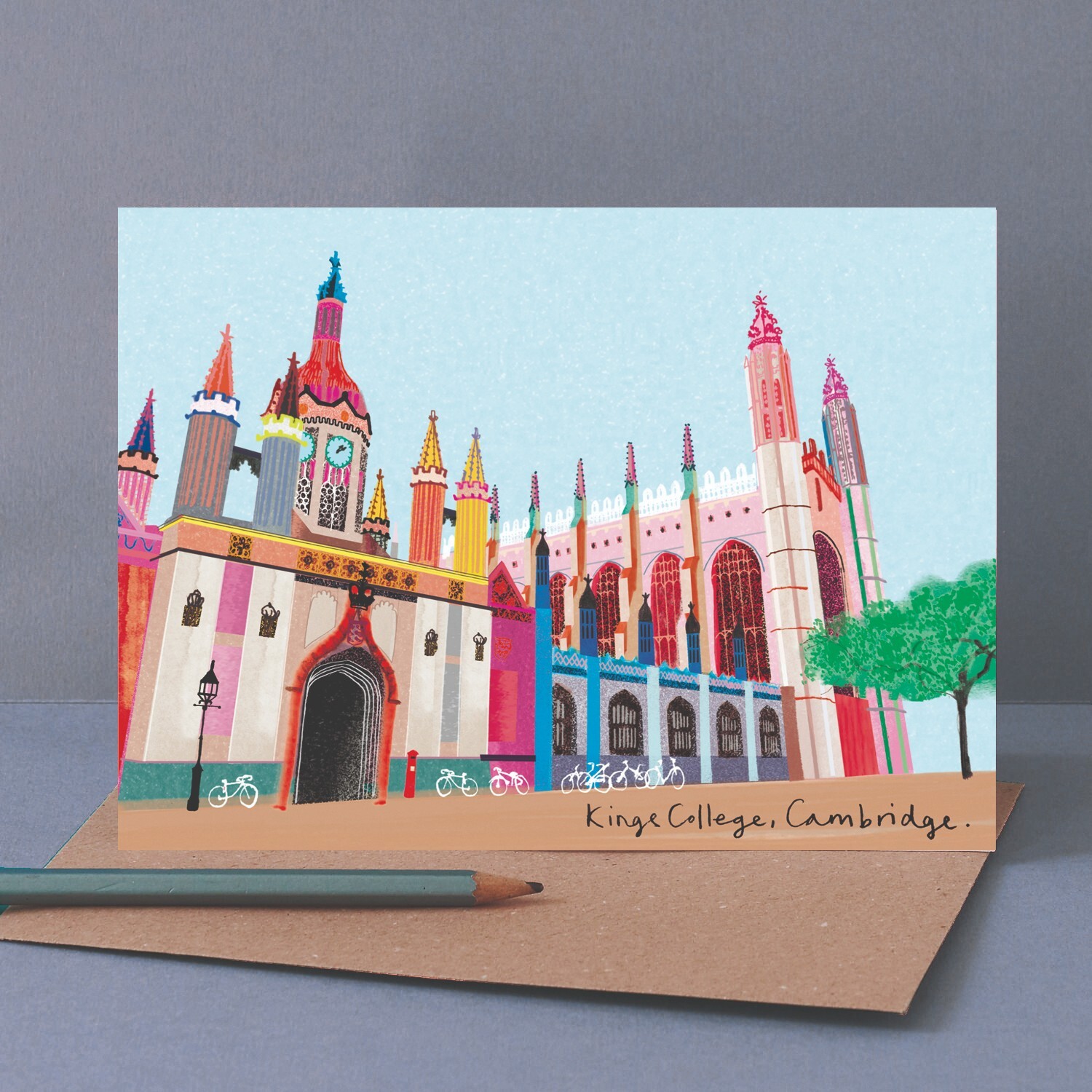 Blank Card Colourful Kings College Cambridge - Mixed Media Landmark Artwork