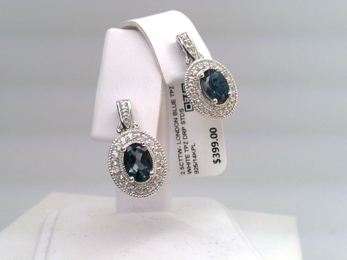 $399 SS/14KPL 925 REAL NATURAL LONDON BLUE TOPAZ/WHITE TOPAZ DROP EARRING STUDS