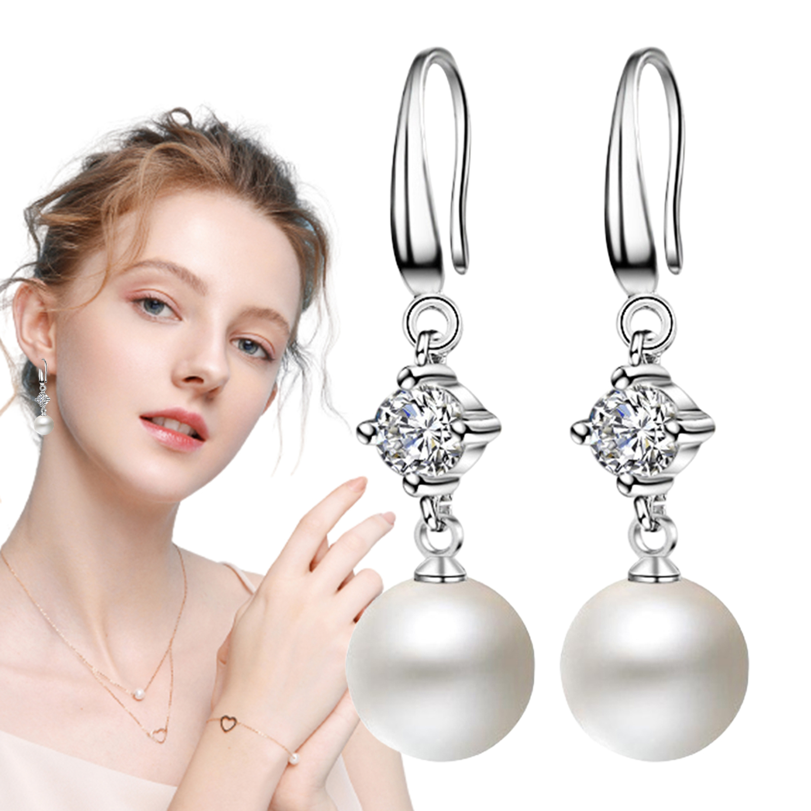 Elegant Rhinestone Dangle Pearl Hook Earrings for Women