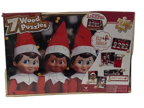 Elf On A Shelf 7 Wood Jigsaw Puzzle Set storage box A Christmas Tradition New
