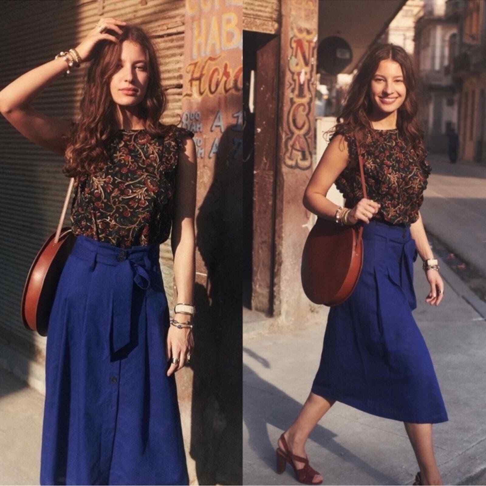 Sezane Amandine Skirt Button Front Tie Waist Indigo Blue Size 34  